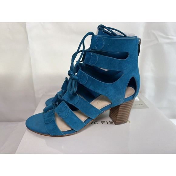 Marc Fisher Paradox Suede Lace Up Block Heel Sandal Womens 6M Teal Blue New‎ - Picture 5 of 7